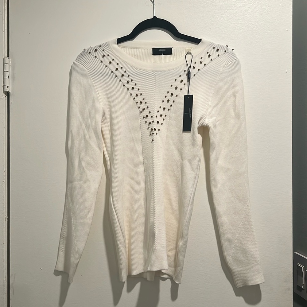 Elegant White Sweater with Studded Detail – New with Tags